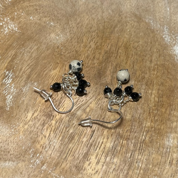 Dalmatian Jasper & Black Onyx 925 Sterling Silver Cluster Drop Dangle Earrings - Picture 6 of 8